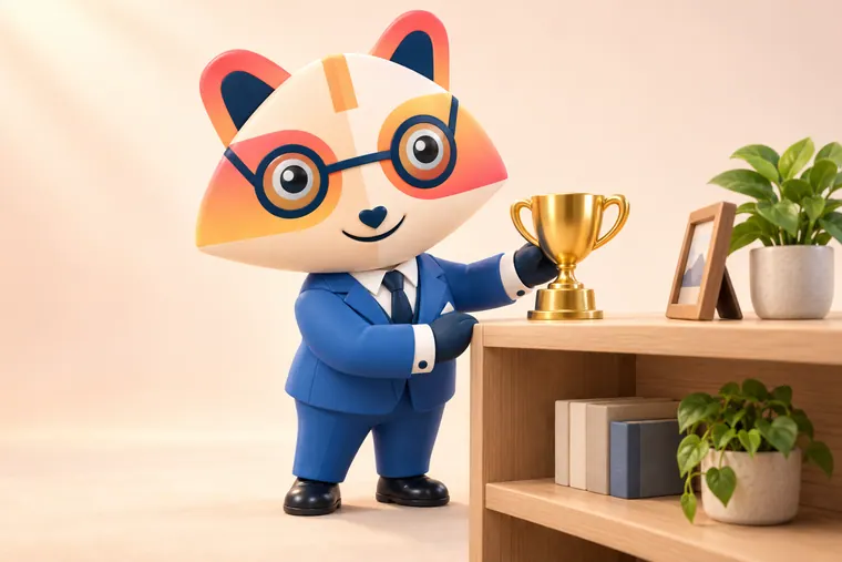The Huru mascot smiling as it places a small gold trophy on a wooden shelf beside a picture frame and plants