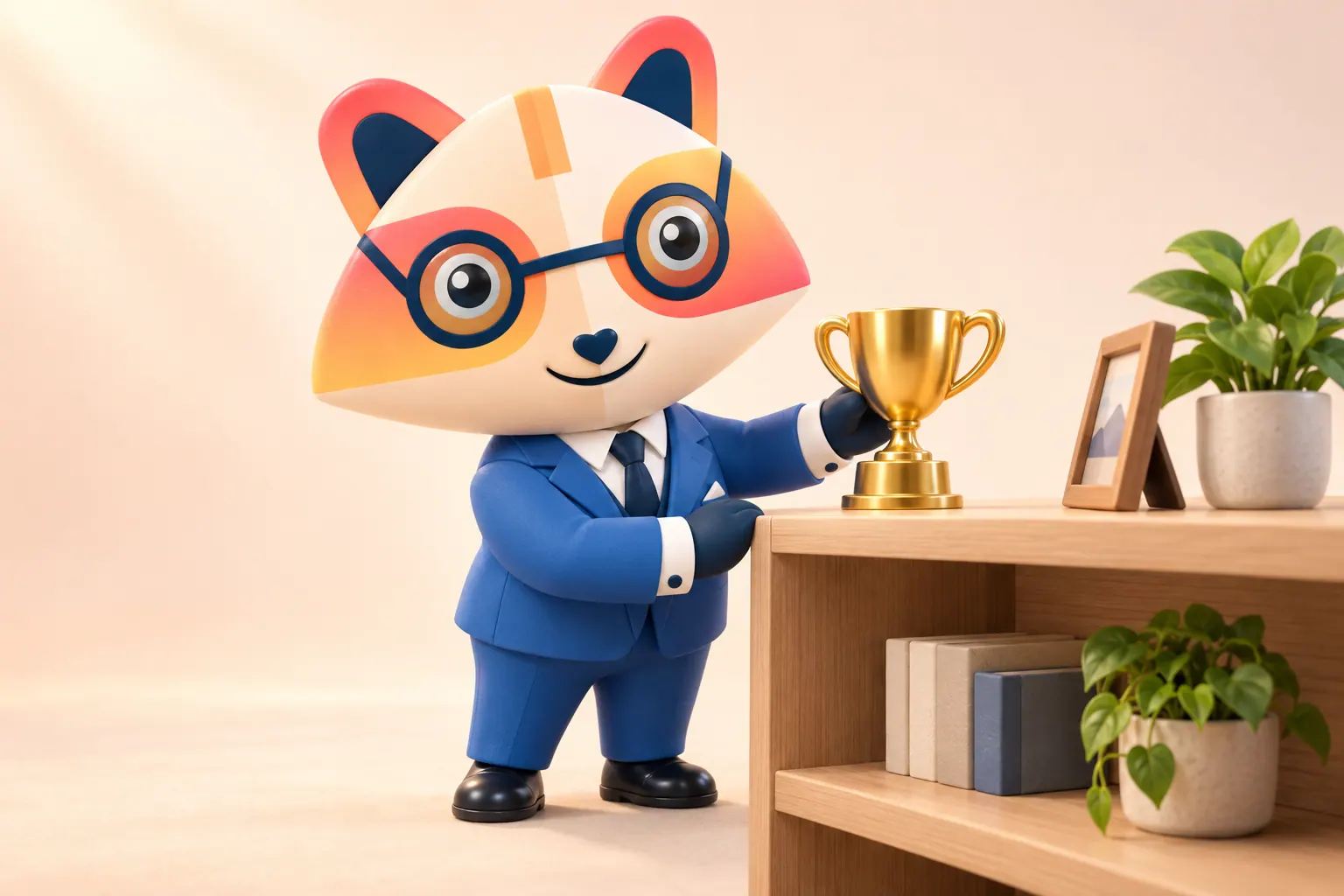 The Huru mascot smiling as it places a small gold trophy on a wooden shelf beside a picture frame and plants