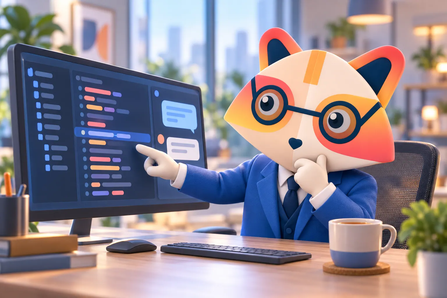 The Huru mascot at a monitor with a file tree, a code editor and an AI chat panel, pointing at a highlighted line to review it