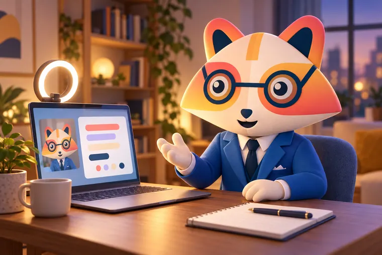 The Huru mascot at a desk answering an interview question out loud to a laptop with a ring light, a feedback card on screen
