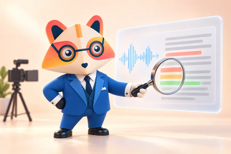The Huru mascot holding a magnifying glass over a panel where a sound wave turns into lines of text, three of them highlighted, with a switched-off camera in the background