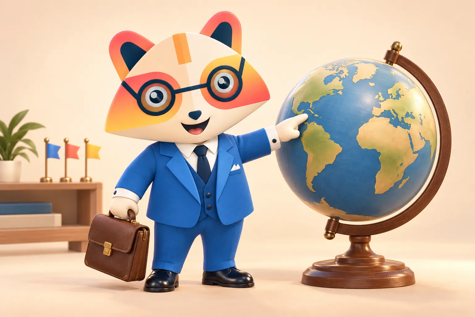 The Huru mascot holding a briefcase and pointing to a spot on a large desk globe, with small colored flags on a shelf behind