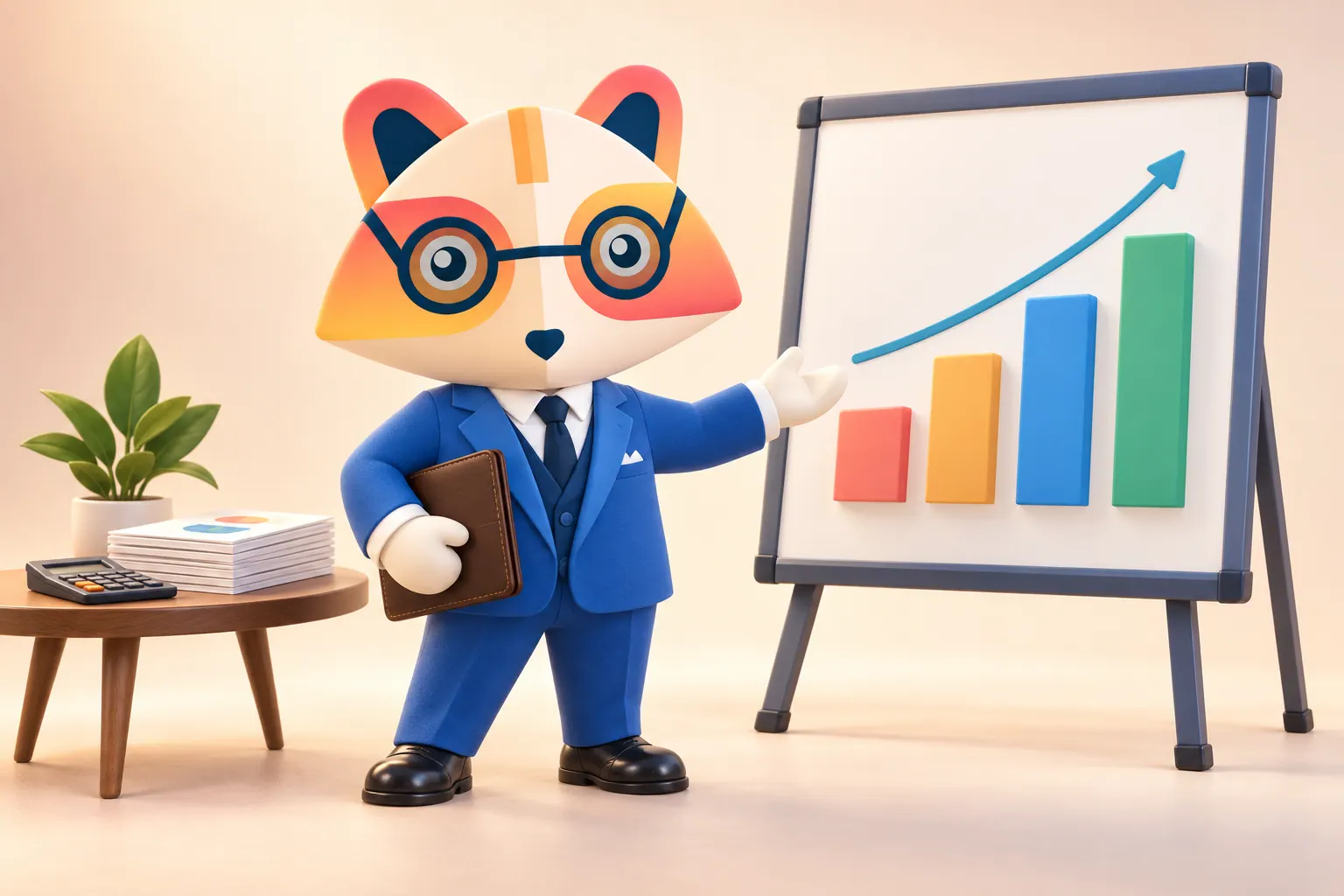 The Huru mascot holding a leather folder and pointing at a board with rising coral, amber, blue and green bars, beside a calculator and a stack of reports
