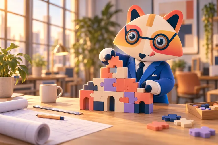 The Huru mascot placing the last piece in a large 3D puzzle on a work table, next to blueprints and a coffee mug