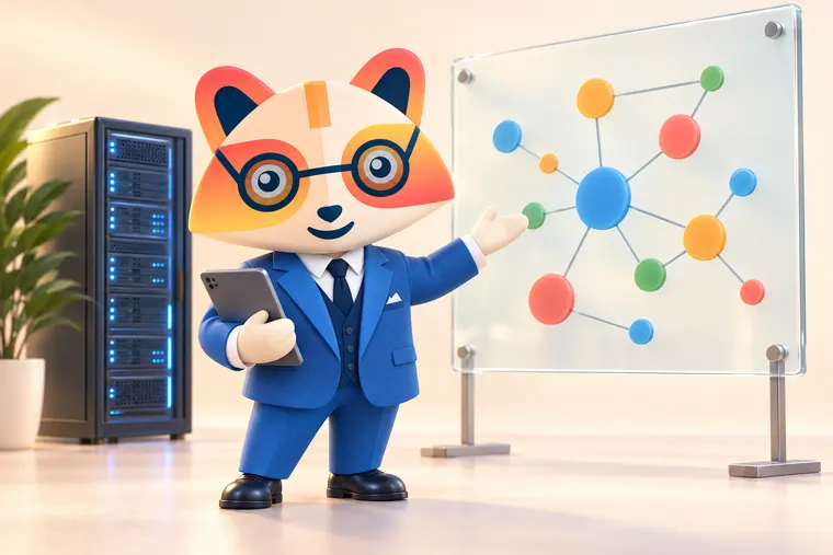 The Huru mascot holding a tablet and gesturing at a glass board with a diagram of connected colored nodes, beside a server rack with blue lights