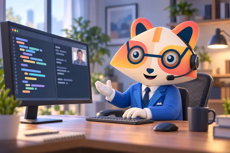The Huru mascot in a headset explaining its code to an interviewer on a video call, with a split-screen editor and output pane