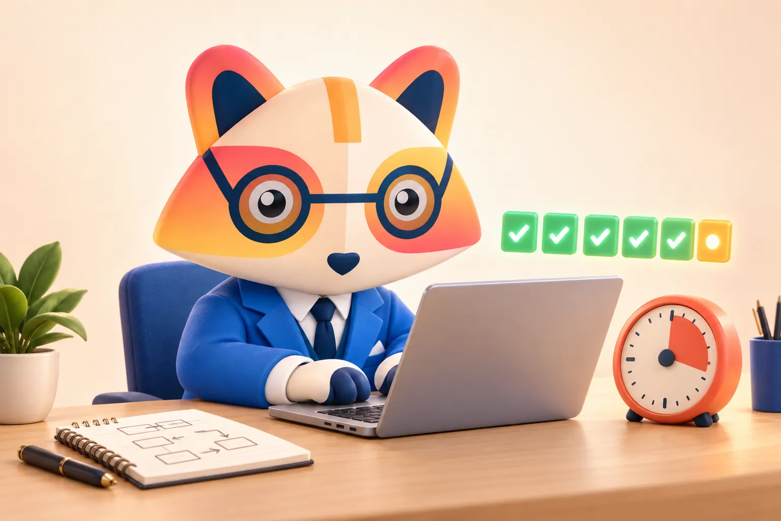 The Huru mascot typing on a laptop next to a round timer, with a row of green check-mark tiles and one amber tile floating above
