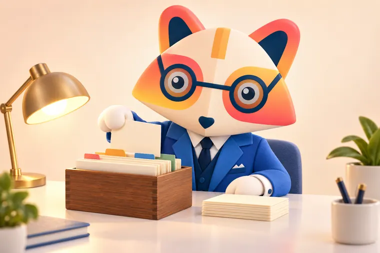 The Huru mascot at a desk pulling a blank card from a wooden index-card box with colored tabs