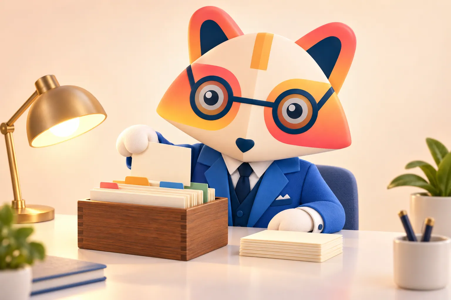 The Huru mascot at a desk pulling a blank card from a wooden index-card box with colored tabs