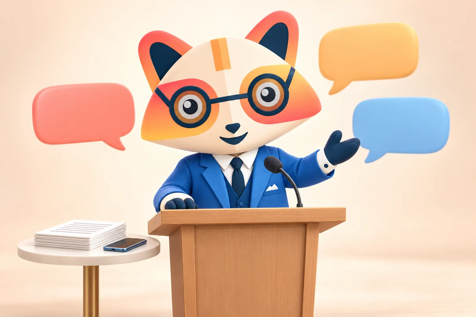 The Huru mascot speaking at a podium with a microphone, gesturing confidently, with coral, amber and blue speech bubbles floating behind