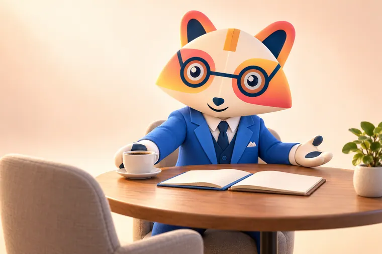 The Huru mascot at a round table sliding a cup of coffee toward an empty chair, with two open notebooks side by side
