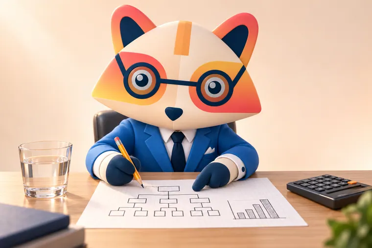 The Huru mascot at a table drawing an issue tree on graph paper next to a small bar chart sketch, with a calculator and a glass of water