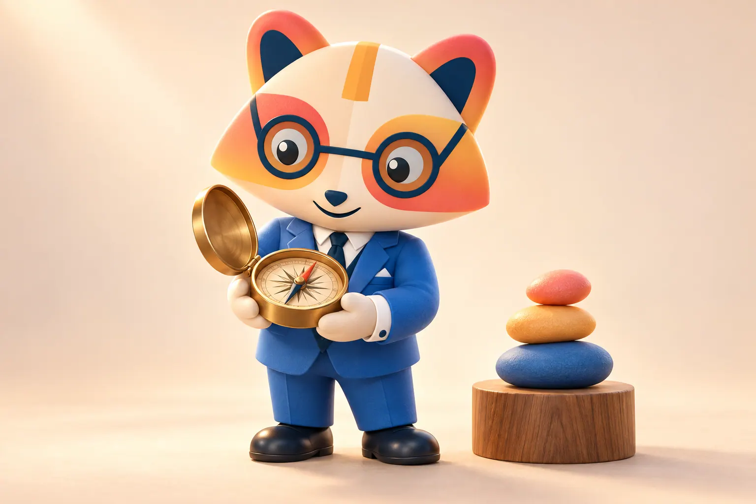 The Huru mascot holding an open brass compass and looking at it thoughtfully, beside a balanced stack of coral, amber and blue stones