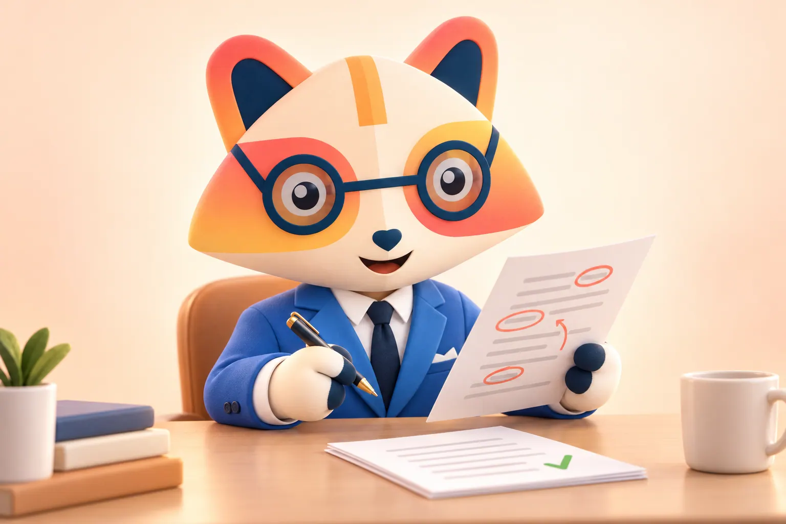 The Huru mascot at a desk reading a draft marked with coral circles and arrows, pen in hand, with a revised page and a green check mark beside it