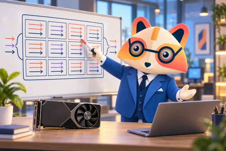 The Huru mascot pointing at a whiteboard diagram of a grid of blocks full of parallel arrows, with a graphics card on the desk