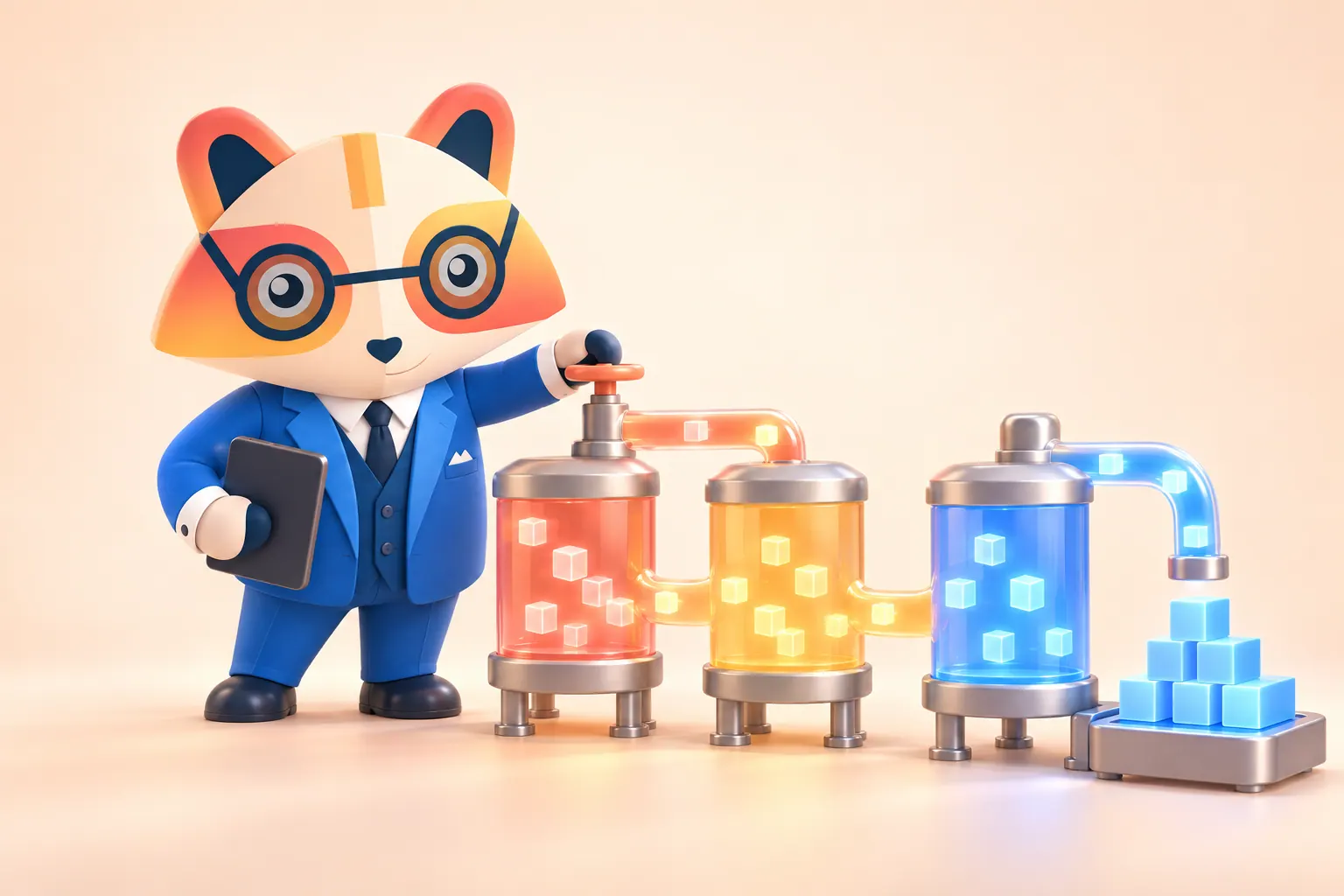 The Huru mascot turning a valve on a pipeline of coral, amber and blue tanks, with glowing cubes flowing into a neat stack