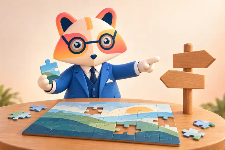 The Huru mascot holding a puzzle piece beside a nearly finished jigsaw with gaps, pointing toward a two-way signpost