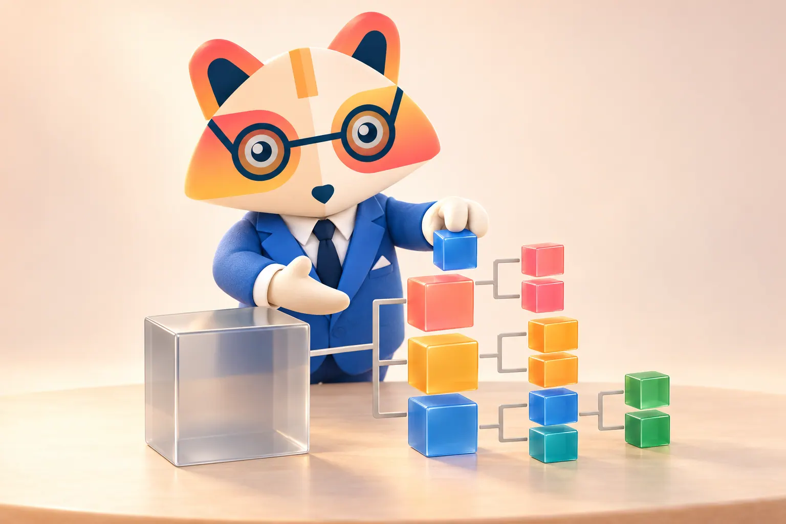 The Huru mascot placing a small blue cube into a branching arrangement of colored cubes split from a large translucent cube on a table