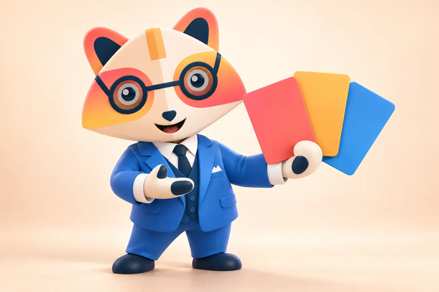 The Huru mascot holding up three blank cards, coral, amber and blue, fanned out like playing cards