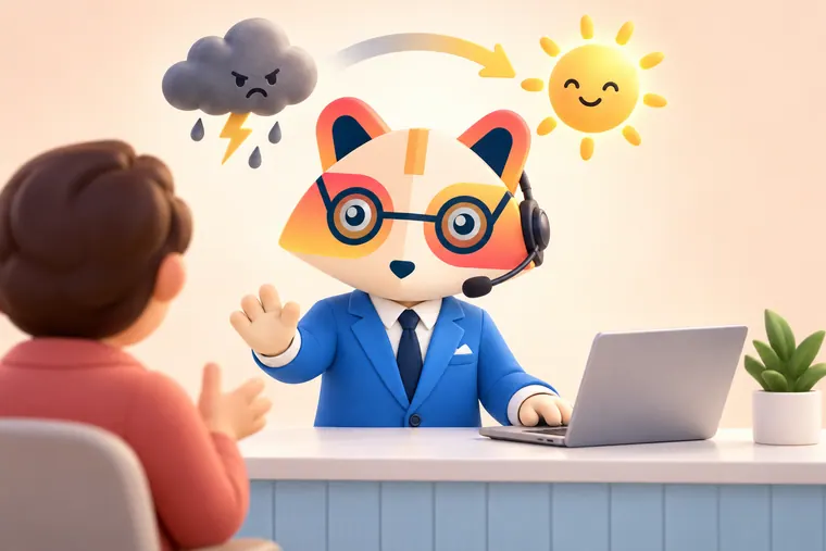 The Huru mascot wearing a headset behind a service counter, raising a hand calmly toward a customer, with a storm cloud turning into a sun above