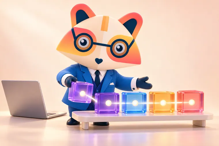 The Huru mascot adding a violet block to a row of glowing violet, blue, amber and coral blocks with a light passing through them like a pipeline, next to a laptop