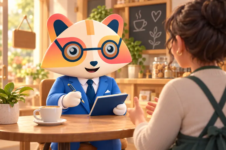 The Huru mascot taking notes at a café table while interviewing a small business owner in an apron, in a cozy shop