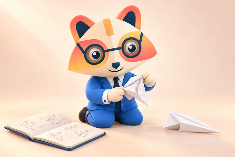 The Huru mascot kneeling to refold a crumpled paper airplane, beside a notebook of airplane sketches and a new plane ready to fly