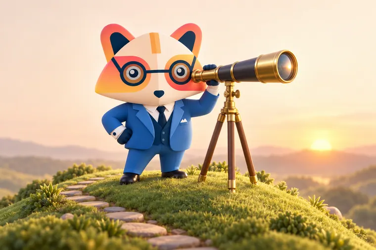 The Huru mascot on a grassy hilltop looking through a brass telescope toward a sunrise, with a stone path leading up the hill