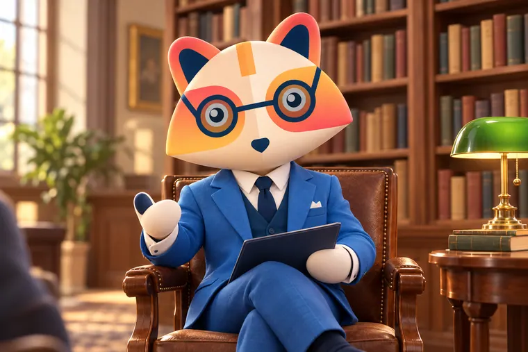 The Huru mascot in a wooden armchair in a university library, holding a folder and gesturing as it answers a question