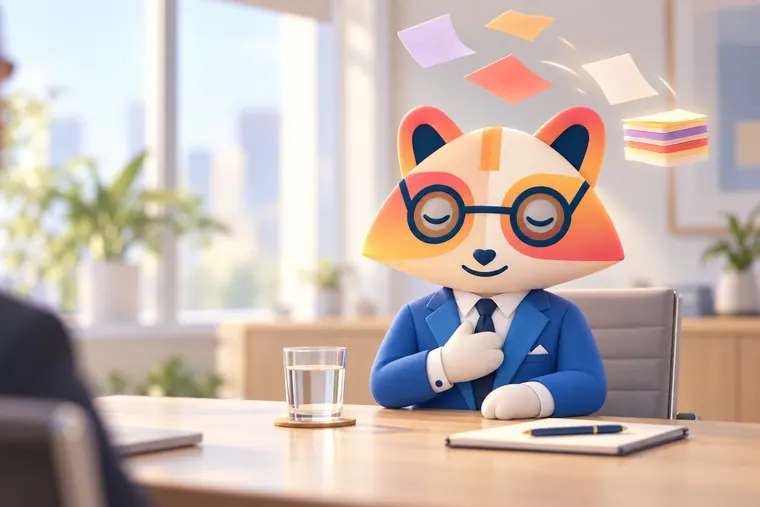The Huru mascot at an interview table with eyes closed and a hand on its chest, taking a calm breath while scattered cards settle into a neat stack