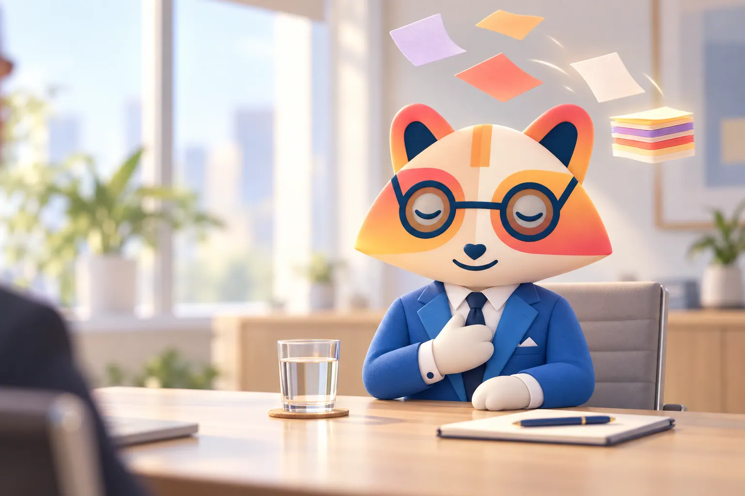 The Huru mascot at an interview table with eyes closed and a hand on its chest, taking a calm breath while scattered cards settle into a neat stack