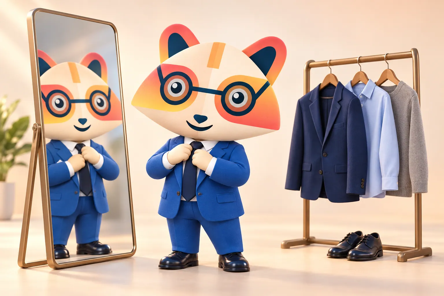 The Huru mascot in a navy blazer checking its outfit in a standing mirror, with two more outfit options hanging on a rack beside it