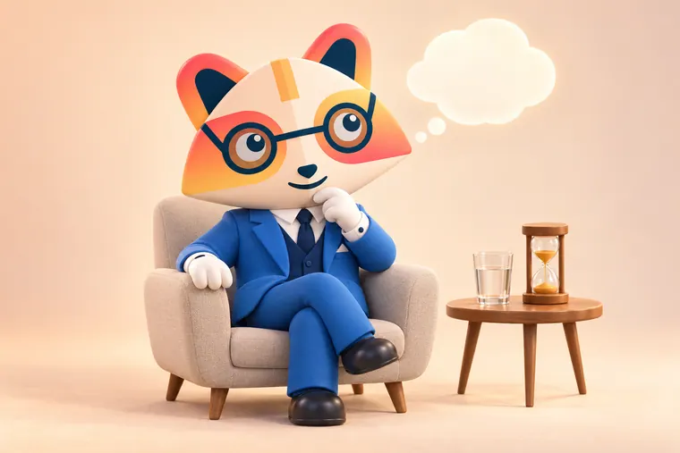 The Huru mascot sitting in an armchair with a hand on its chin, thinking calmly, next to a glass of water and an hourglass