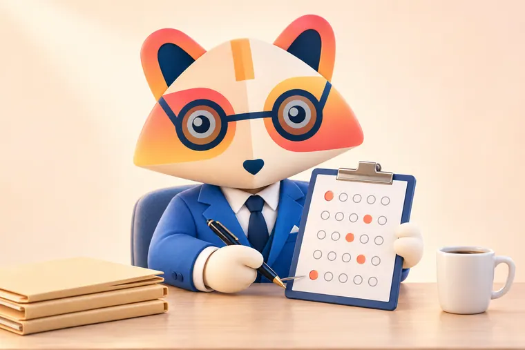 The Huru mascot at a desk marking a scorecard on a clipboard with rows of rating circles, next to a stack of candidate folders
