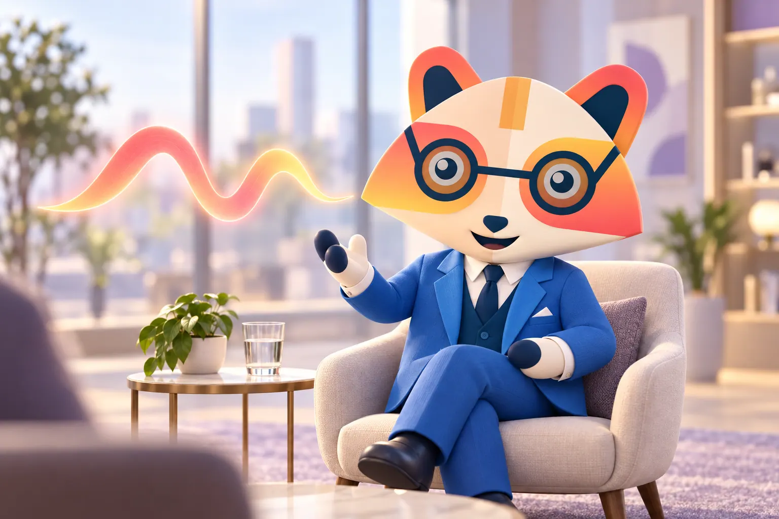 The Huru mascot speaking in an interview chair, with a glowing wave that rises and then falls drifting from its voice