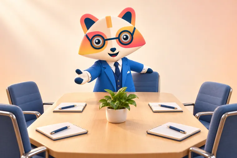 The Huru mascot at the head of a meeting table, gesturing warmly toward four empty chairs, each with a notebook and pen
