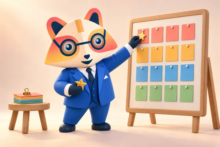 The Huru mascot pinning a golden star onto a board of sixteen colored cards in four rows, holding a second star, with a clipped stack of index cards on a stool