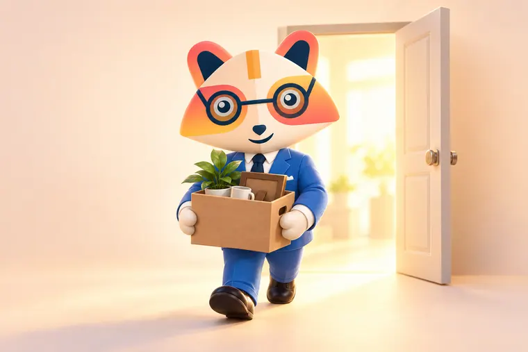 The Huru mascot smiling as it carries a small box with a plant, a mug and a picture frame toward a bright open doorway