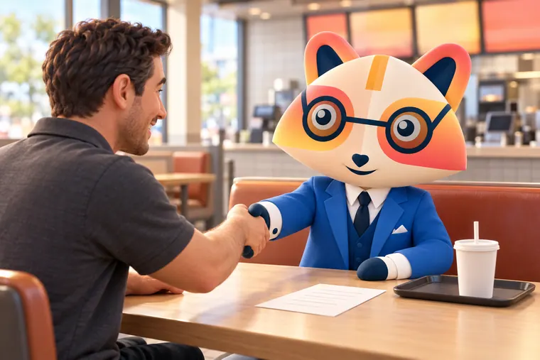 The Huru mascot shaking hands with a restaurant manager across a booth table after an interview