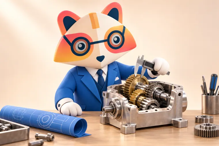 The Huru mascot measuring a gear with a caliper in an open gearbox prototype on a workbench, next to a rolled blueprint