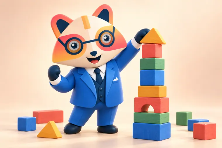The Huru mascot placing the last block on top of a tall tower of colorful wooden blocks, one fist raised in celebration