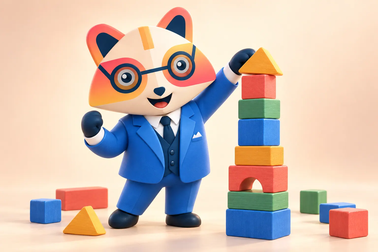 The Huru mascot placing the last block on top of a tall tower of colorful wooden blocks, one fist raised in celebration