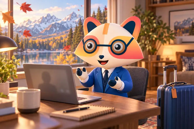 The Huru mascot on a video call at a desk, with a packed suitcase beside it and mountains, a lake and falling maple leaves through the window