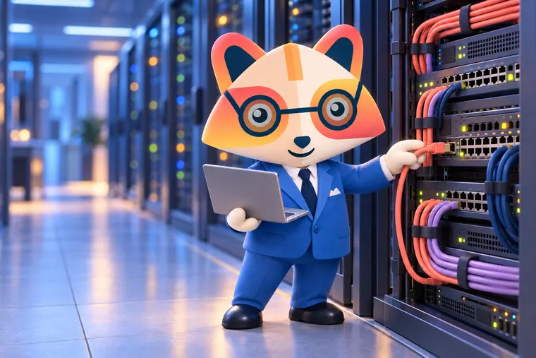 The Huru mascot plugging a patch cable into a network switch in a server room, holding a laptop