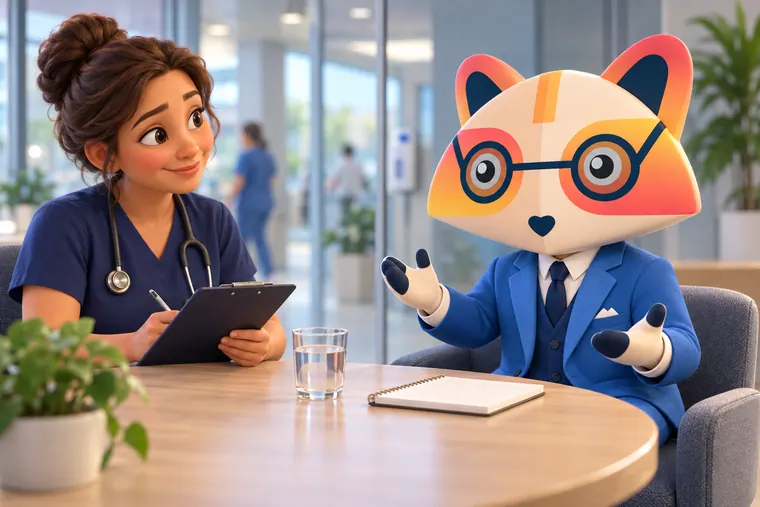 The Huru mascot answering an interview question across the table from a nurse manager in navy scrubs