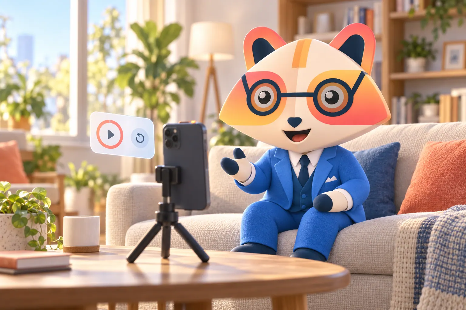 The Huru mascot on a sofa recording a one-way video interview on a phone mounted on a small tripod