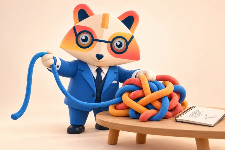 The Huru mascot calmly untangling a large knot of coral, amber and blue cables into three neat straight lines