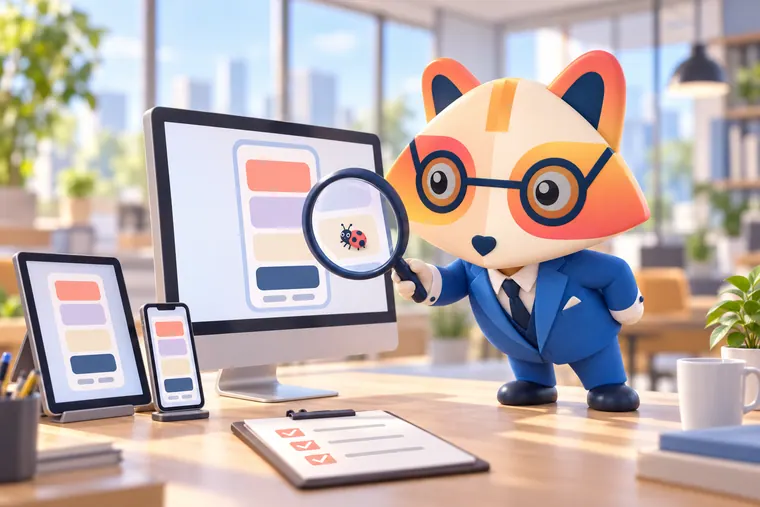 The Huru mascot holding a magnifying glass up to a monitor and spotting a small bug on an app wireframe