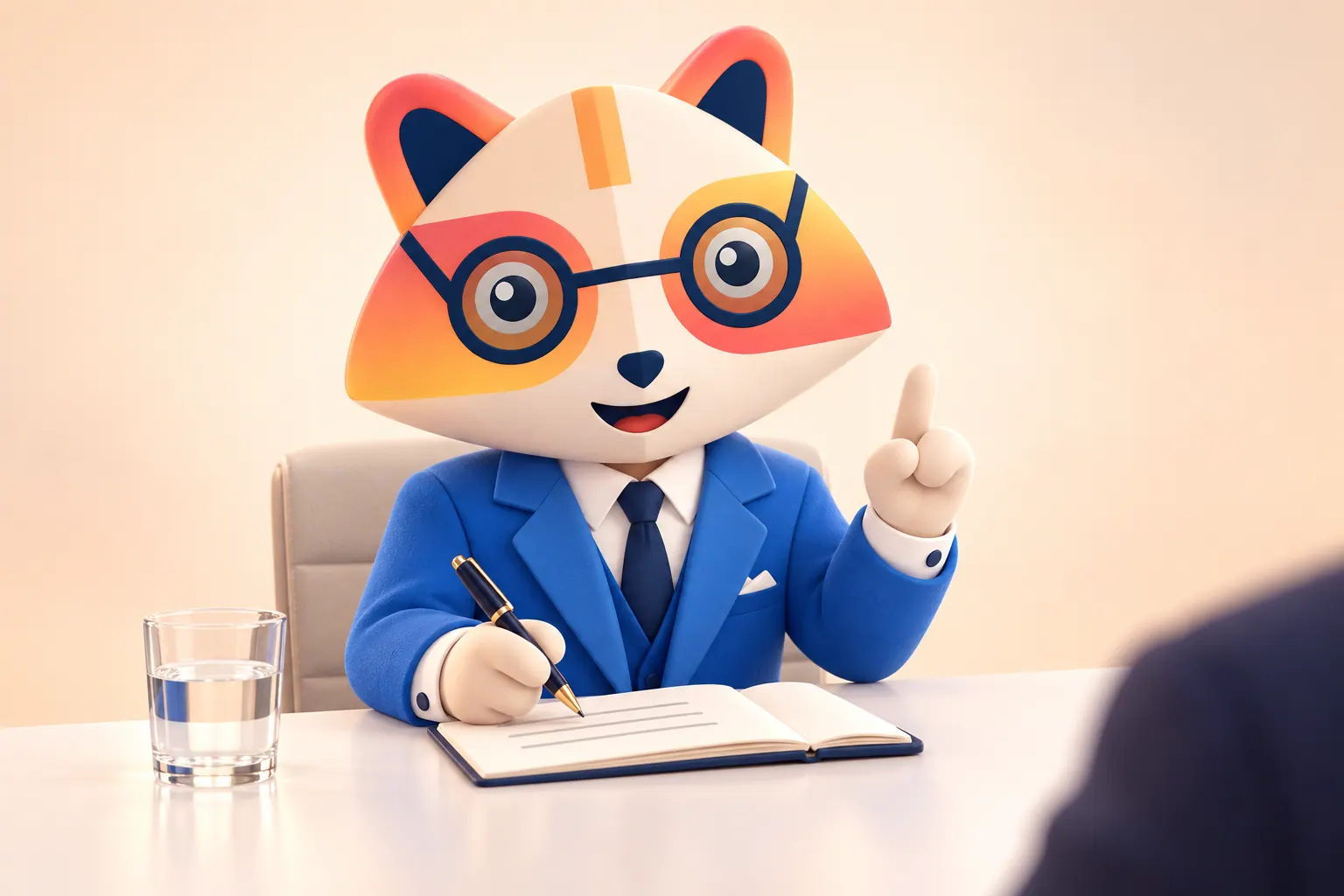 The Huru mascot at a meeting table, pen over an open notebook, raising one finger to ask a question