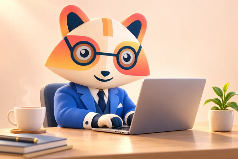 The Huru mascot calmly typing a reply on a laptop, with a cup of tea and a small plant on the desk